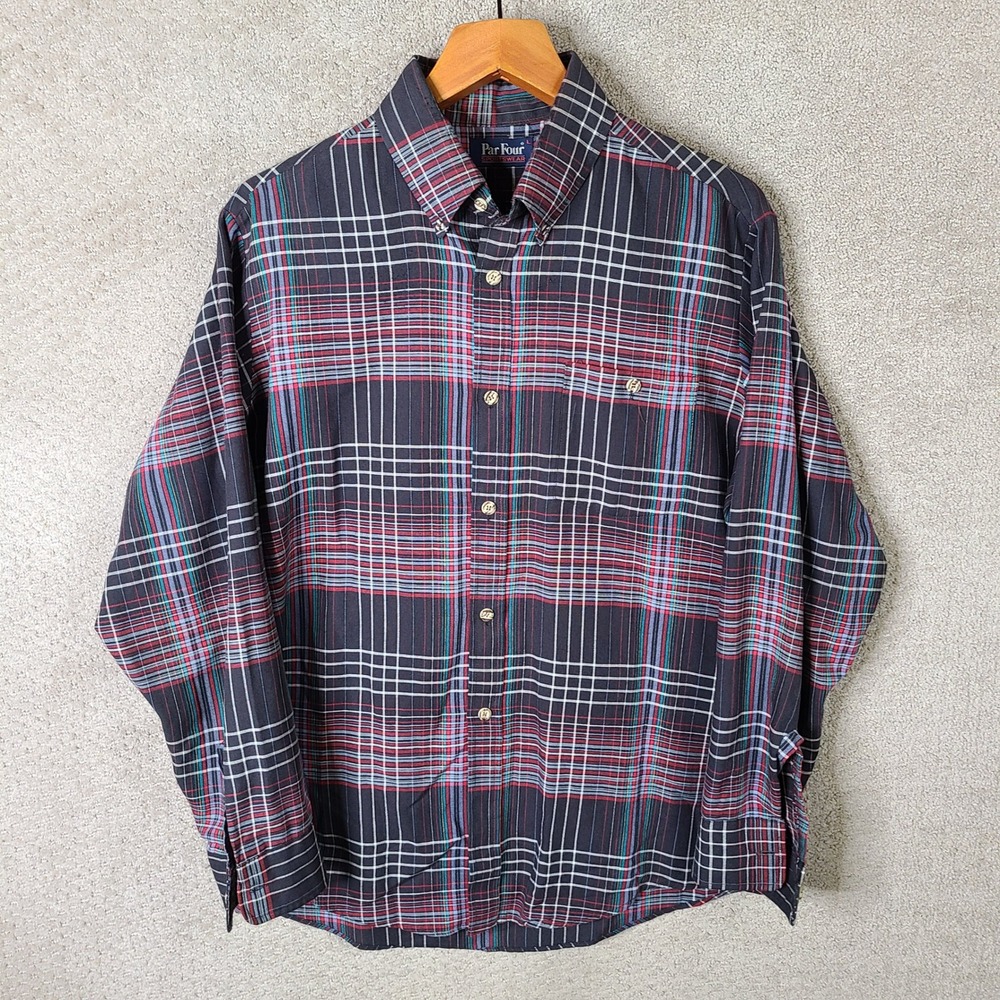 Vintage Par Four Shirt Mens Large Black Red Green Plaid Button Down Cotton Blend